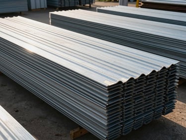 Corrugated roof sheets stacked in an open warehouse yard under afternoon sun, metal surface catching light, wide shot showing quantity, no people