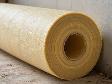 Roll of rigid foam insulation board leaning against a wall at a construction site, natural daylight, material cross-section visible, no people