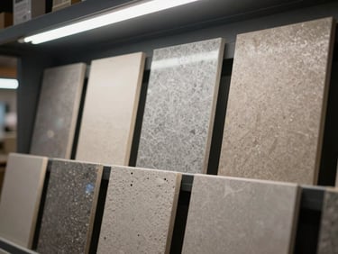 Ceramic and vitrified floor tiles arranged in a sample display at a Mumbai material yard, overhead fluorescent light, varied finishes visible