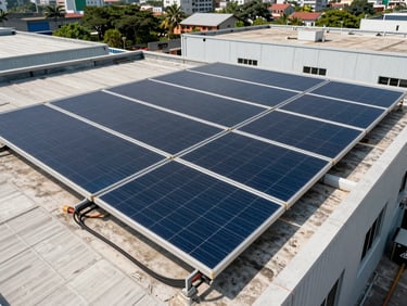 Solar roof panel array installed on a flat commercial rooftop, Mumbai industrial zone, noon sun, wiring harness visible along panel edge