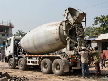 Ready-mix concrete truck discharging at a Mumbai construction site, mid-morning daylight, workers guiding the chute, wet concrete visible