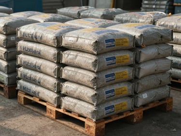 Rows of cement bags stacked on a pallet in a ground-floor storage bay, Mumbai site, morning ambient light, bag labels visible, concrete floor