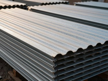 Corrugated metal roof sheets stacked in an open storage yard, Mumbai, morning light casting side shadows on the ribbed sheet surface