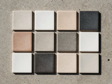 Tile samples arranged in a flat lay on a concrete surface, varied finishes from matte to gloss, overhead site daylight, no people