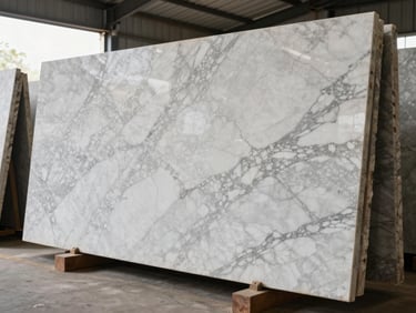 Polished marble slabs leaning against a warehouse wall, Mumbai, natural daylight through open bay, veining detail visible on white and grey slabs