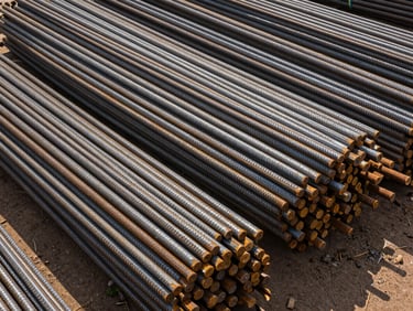 Overhead view of bundled TMT steel bars stacked in a warehouse yard, Mumbai, daylight, rust-tinged surface texture visible, industrial storage context