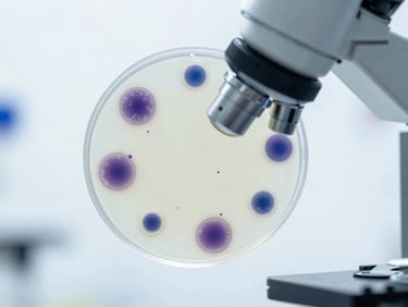 Microscope image of engineered mammalian cells in culture, vibrant staining, scientific detail, clinical white background