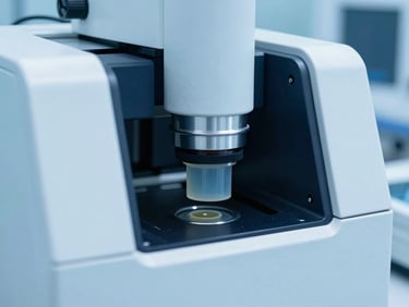 Automated chromatography system purifying human plasma proteins in a sterile clean room, cool blue lighting, macro close-up