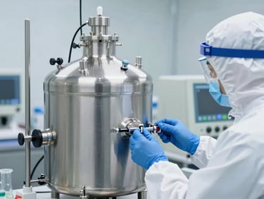 Stainless steel bioreactor vessel in a high-containment clean room, scientist in full sterile PPE observing controls