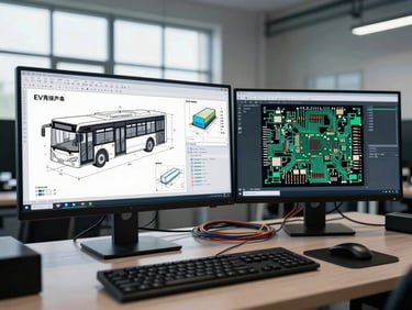 Engineering workstation displaying EV bus platform CAD schematics and battery architecture drawings on dual monitors, circuit board diagnostics running on a secondary screen, cool daylight from a north-facing factory window, wiring looms on the desk surface