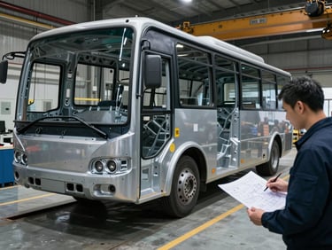 Wide shot of a bus body section on a manufacturing jig, chassis joints and body-in-white structure under factory sodium lighting, engineer reviewing printed production drawings against the physical assembly, steel floor and overhead crane visible in background