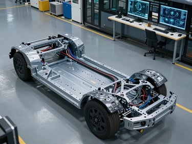 Overhead view of an EV bus chassis on an assembly floor, bare structural frame under cool factory lighting, wiring harnesses routed along the backbone, engineering workstation with CAD schematics visible in the background