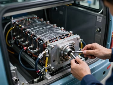 Close-up of a hydrogen fuel-cell stack in mid-integration on a bus chassis, coolant lines and membrane electrode assemblies visible under cool LED factory lighting, technician hands adjusting a torque wrench at a cell interface
