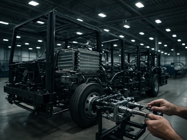 Wide shot of a hydrogen fuel-cell bus chassis on a factory test rig, fuel-cell stack mid-integration, industrial LED ceiling lighting casting cool shadows across the structural frame, technician hands adjusting manifold connections in the foreground