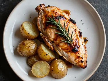 Herb-roasted organic chicken breast with rosemary glaze and fingerling potatoes on ceramic plate, top-down culinary photo, North American / US.