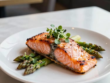 A perfectly pan-seared salmon fillet garnished with microgreens and asparagus on modern tableware, bright clean lighting, North American / US high-end venue.
