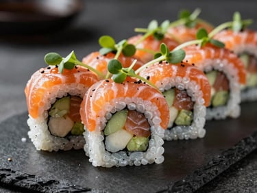 An elegant specialty sushi roll garnished with fresh salmon and microgreens on a slate platter, modern luxury dining styling in North American / US.