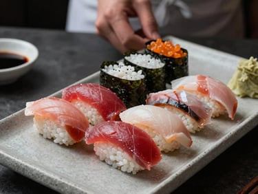 A chef-curated platter of fresh nigiri sushi including bluefin tuna and hamachi, minimal modern food styling, North American / US.