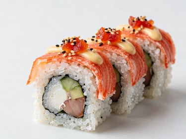 A gourmet Pacific crab sushi roll with spicy mayo drizzle and toasted sesame seeds, crisp studio lighting, North American / US.