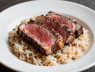 Plated prime tenderloin steak slices over gourmet rice pilaf, sophisticated restaurant presentation, North American / US corporate setting.