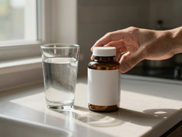 Close-up of a supplement bottle resting beside a glass of water on a kitchen counter, morning natural light from a nearby window, hand partially visible reaching for the bottle, warm neutral surface