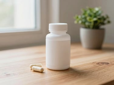 Supplement capsule bottle on a wooden desk next to a small plant, diffused daylight from a side window, clean minimal context, warm ambient tones