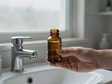 Hand holding a small amber glass supplement bottle close to a bathroom sink, soft overcast daylight from a frosted window, real bathroom context, no props beyond bottle