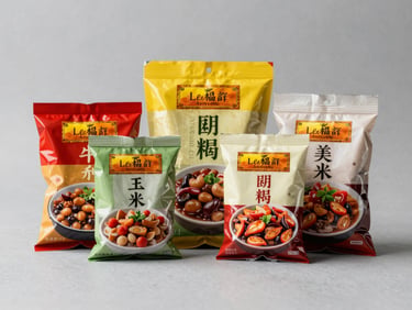 Bright, clean commercial shot of authentic Lee Kum Kee and Ajinomoto product packaging arranged on a minimalist gray surface, sharp lighting, industrial B2B style