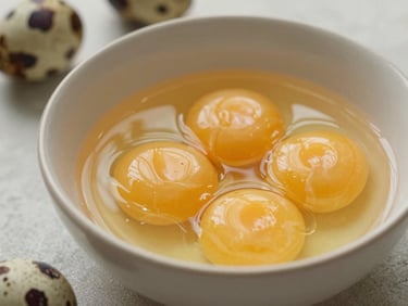 Close-up of fresh quail egg yolks in a small bowl, soft shadows, rustic kitchen setting
