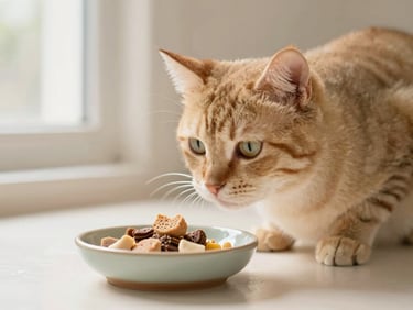 A domestic cat looking intently at a small ceramic dish of treats, soft daylight, warm cream background