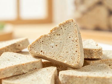 Macro shot of freeze-dried beef liver treats showing raw porous texture, warm window light, shallow depth of field