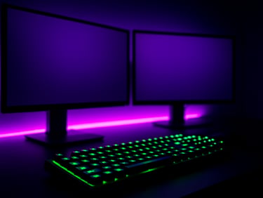 Close-up of a glowing dual-monitor stream setup in a dark room, ambient purple neon backlighting, mechanical keyboard glowing cyber green