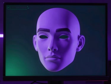 Macro shot of a rigged 3D avatar facial mesh on a glowing monitor, high-contrast purple ambient light, cyber-punk aesthetic