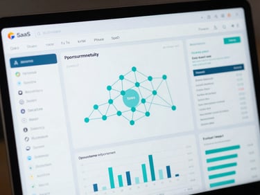 Extreme close-up of a high-fidelity SaaS dashboard interface showing complex procurement data flows, tech-teal node graphs, and spend categorization metrics under sharp cool-toned studio lighting.
