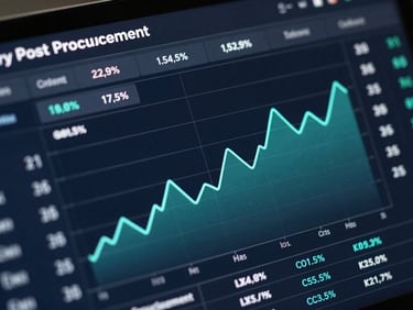 Extreme close-up of a modern procurement dashboard interface, high-contrast data tables showing contract leakage percentages, clean teal line graphs, dark navy grid lines, cool analytical lighting.