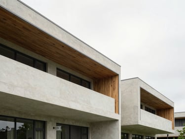Architectural shot of modern resort development, clean lines, concrete and wood materials, soft overcast daylight, 35mm lens