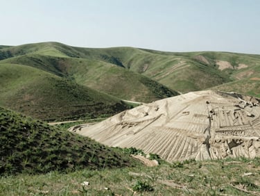 Wide environmental landscape shot of raw land plot, rolling hills, soft natural daylight, sharp focus, 35mm lens