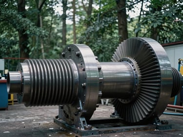 A massive steel rotor assembly on a workshop floor, cool industrial lighting, raw metal welds visible, 35mm.