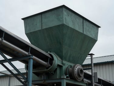 Low-angle heroic close-up of a massive steel industrial conveyor feeder inside a biomass plant, cold workshop lighting, 35mm.