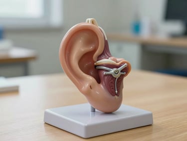 A close-up of a clinical anatomical model of the human inner ear, sitting on a clean wooden desk, soft diffused daylight, eye-level framing.