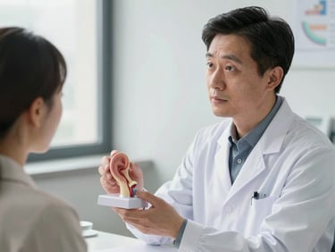 Wide eye-level clinical shot of a professional otolaryngologist in a white coat explaining an anatomical model of the inner ear to a seated patient, soft diffused natural daylight, stable and calm composition.