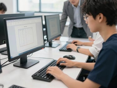 Bright classroom photography with natural daylight, hands of a student on a keyboard practicing MS Office, instructor guiding from behind, authentic computer lab setting, realistic tones, 35mm
