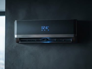 Close-up of a modern split air conditioner unit installed perfectly on a dark wall, crisp cool blue lighting, high contrast metallic details