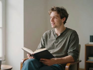 Eugen sitting in a comfortable chair holding a book, speaking warmly during an interview, soft natural lighting.
