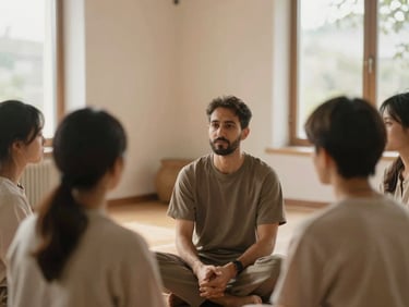 Eugen speaking calmly to a small circle of practitioners in a sunlit room, soft morning light, warm earth tones, shallow depth of field.