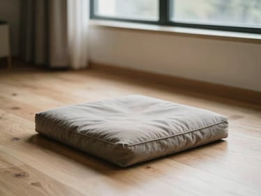 An empty meditation cushion on a light wooden floor, soft morning light streaming through a window, peaceful atmosphere.