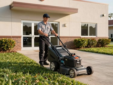 Crew member in clean uniform operating quiet, professional lawn equipment near a commercial building entrance, early morning light, crisp shadows, sharp focus, 35mm