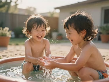 Candid shot of two young children laughing while playing with water in a warm backyard, low-angle sun creating sparkling droplets, soft focus.