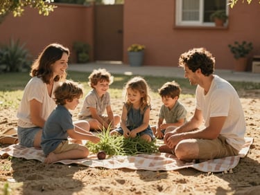 A warm, sun-drenched backyard scene where a young family sits on a picnic blanket, children playing with grass, laughing naturally.