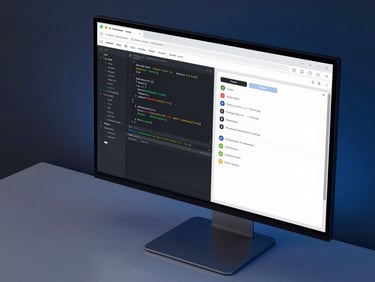 Sharp isometric view of a dark-mode web development environment on a high-end monitor, displaying clean React code alongside a modern dashboard interface, cool blue ambient backlighting, crisp focus.